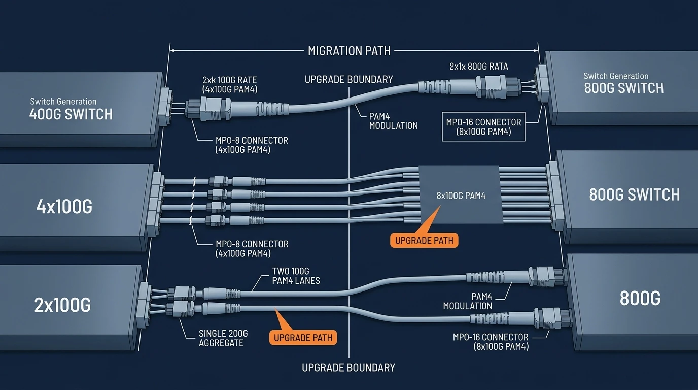 400G to 800G migration path diagram: 2x100G and 4x100G PAM4 lanes upgrading to 8x100G PAM4, MPO-8 to MPO-16 connectors