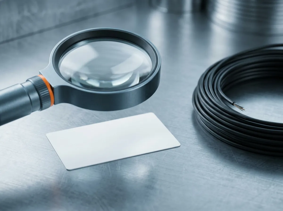 Magnifying loupe over a blank certificate card next to a coil of fiber optic cable — verifying an Anatel certificate before ordering