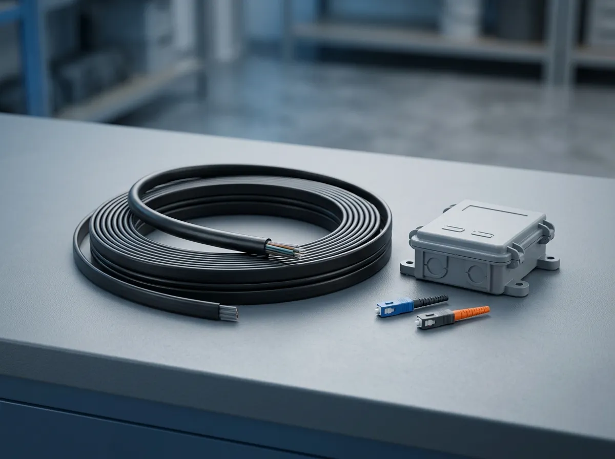 FTTH drop cable, distribution cable, terminal box and LC connectors on a workbench — fiber families covered by Anatel certification