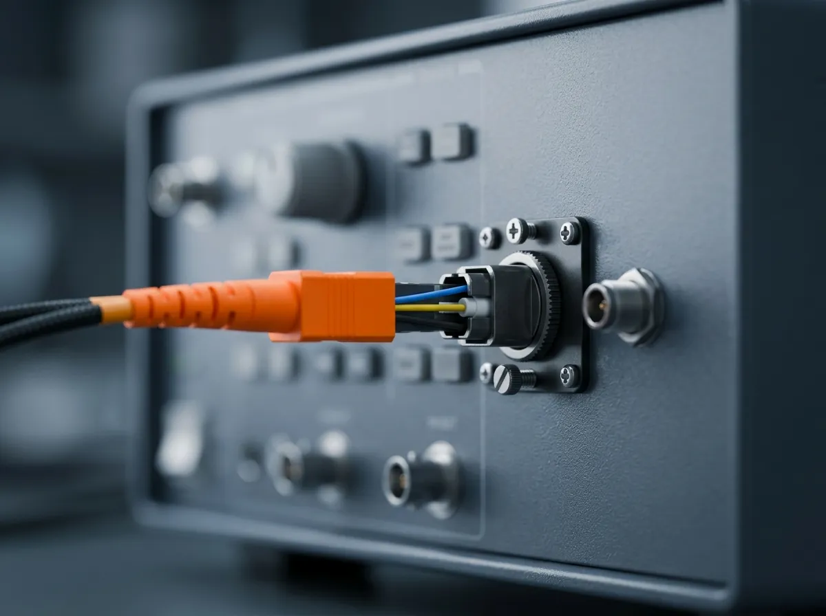 Fiber optic cable connected into a laboratory test instrument — the type testing that underpins Anatel homologation