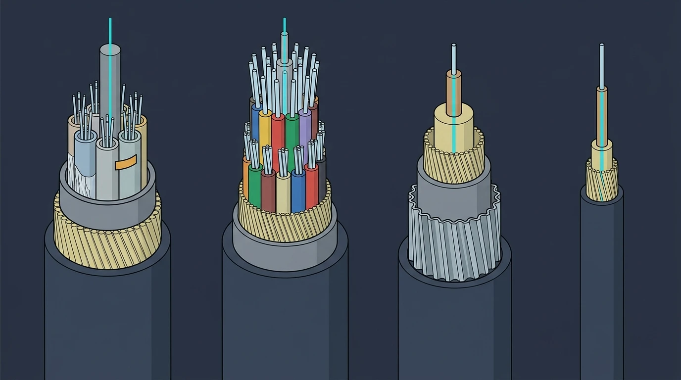 Cross-section comparison of tight-buffered, loose-tube, armored and patch cord fiber optic cable constructions