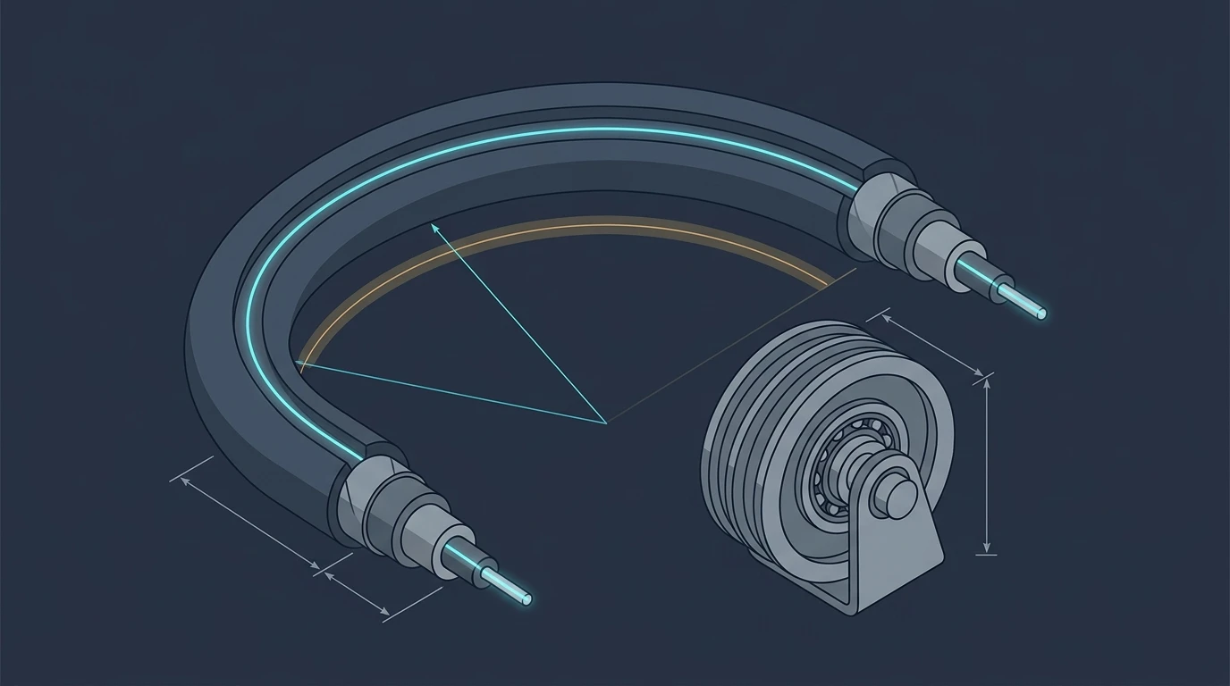 Diagram relating bend radius, bend diameter and cable diameter for a fiber optic cable running over a sheave