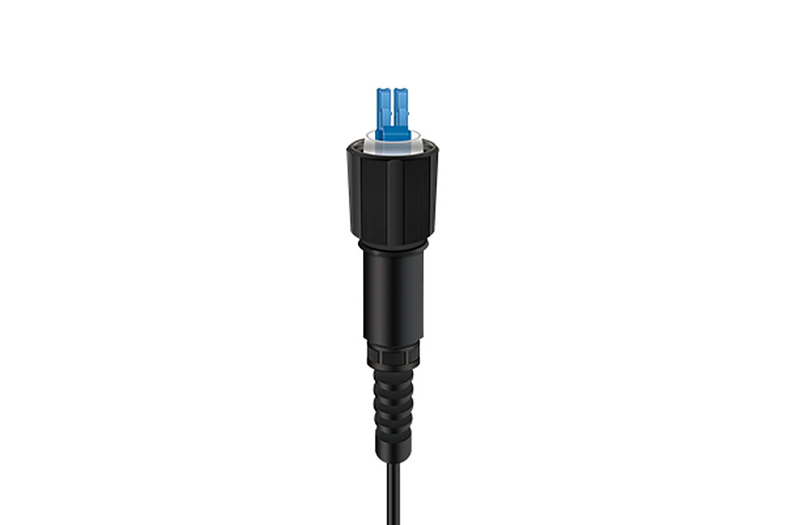 Blue UPC duplex LC plug seated in the sealed coupling of an outdoor fiber assembly
