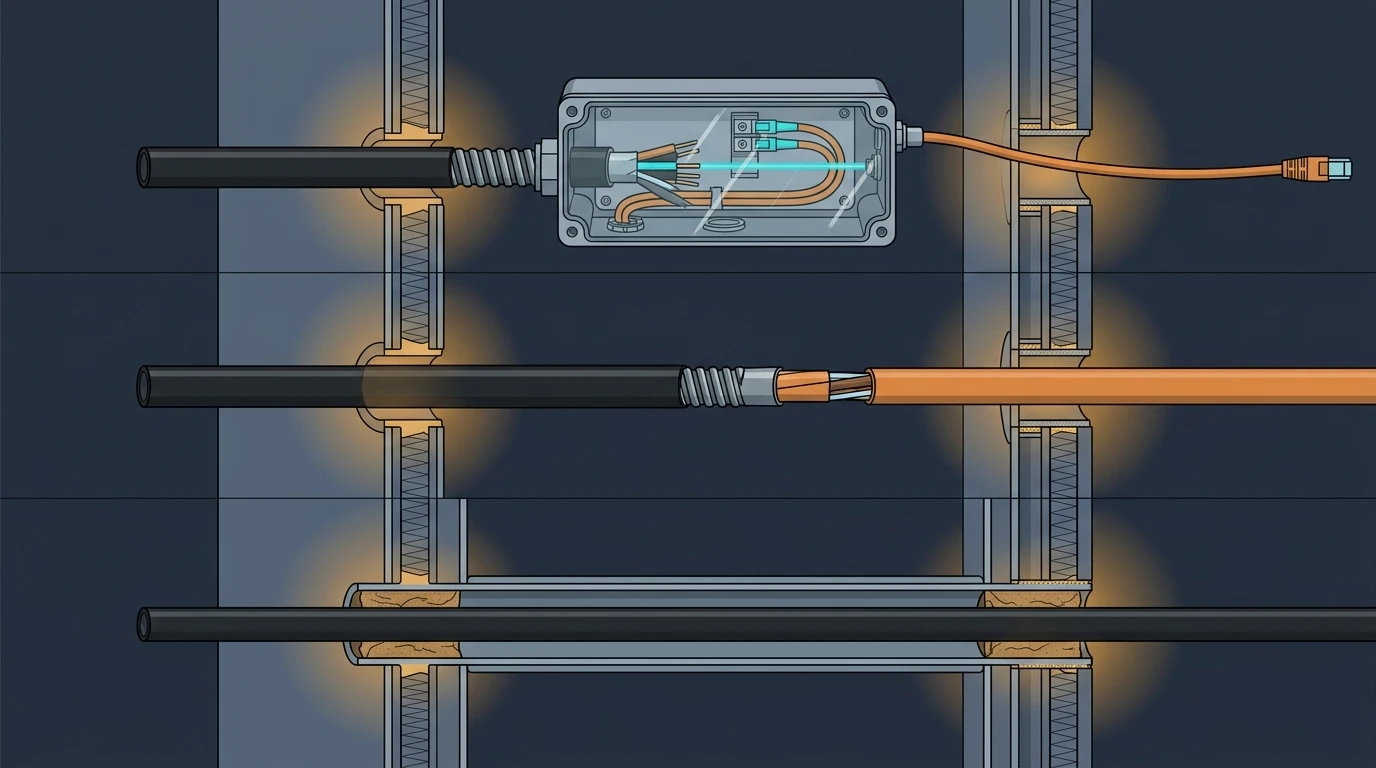 Three compliant ways for an outdoor cable to cross a building wall: enclosure termination, stripped dual-rated jacket, and a metal conduit sleeve