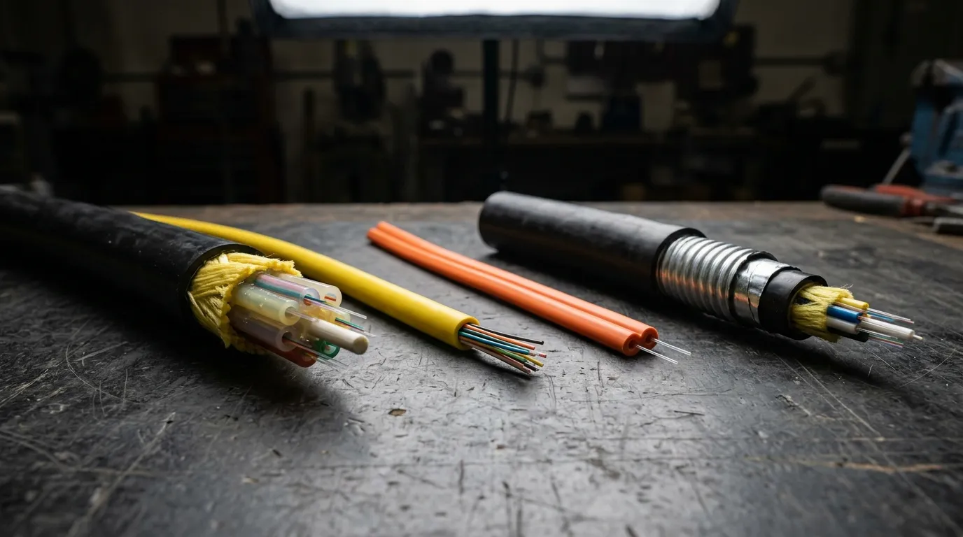 Fiber optic cable construction types: loose-tube outdoor cable, tight-buffered cable, zipcord and armored cutaway