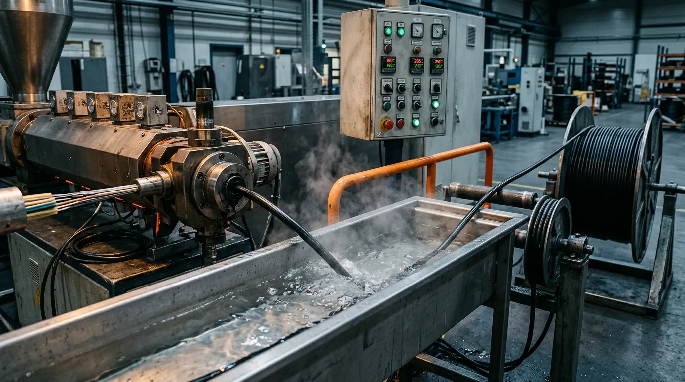 Cable jacket extrusion line with the stranded core entering the crosshead extruder, a water cooling trough and a take-up reel.