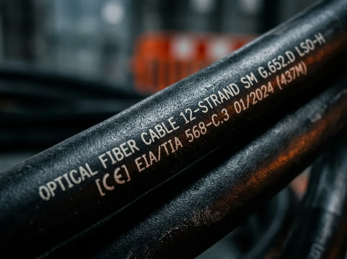 Close-up of a fiber optic cable jacket printed with certification markings, the imprint check in supplier verification