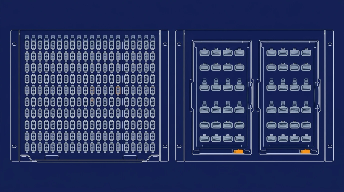 Comparison of MPO cassette and LC adapter plate front panels for fiber patch panels showing fiber count and connector differences