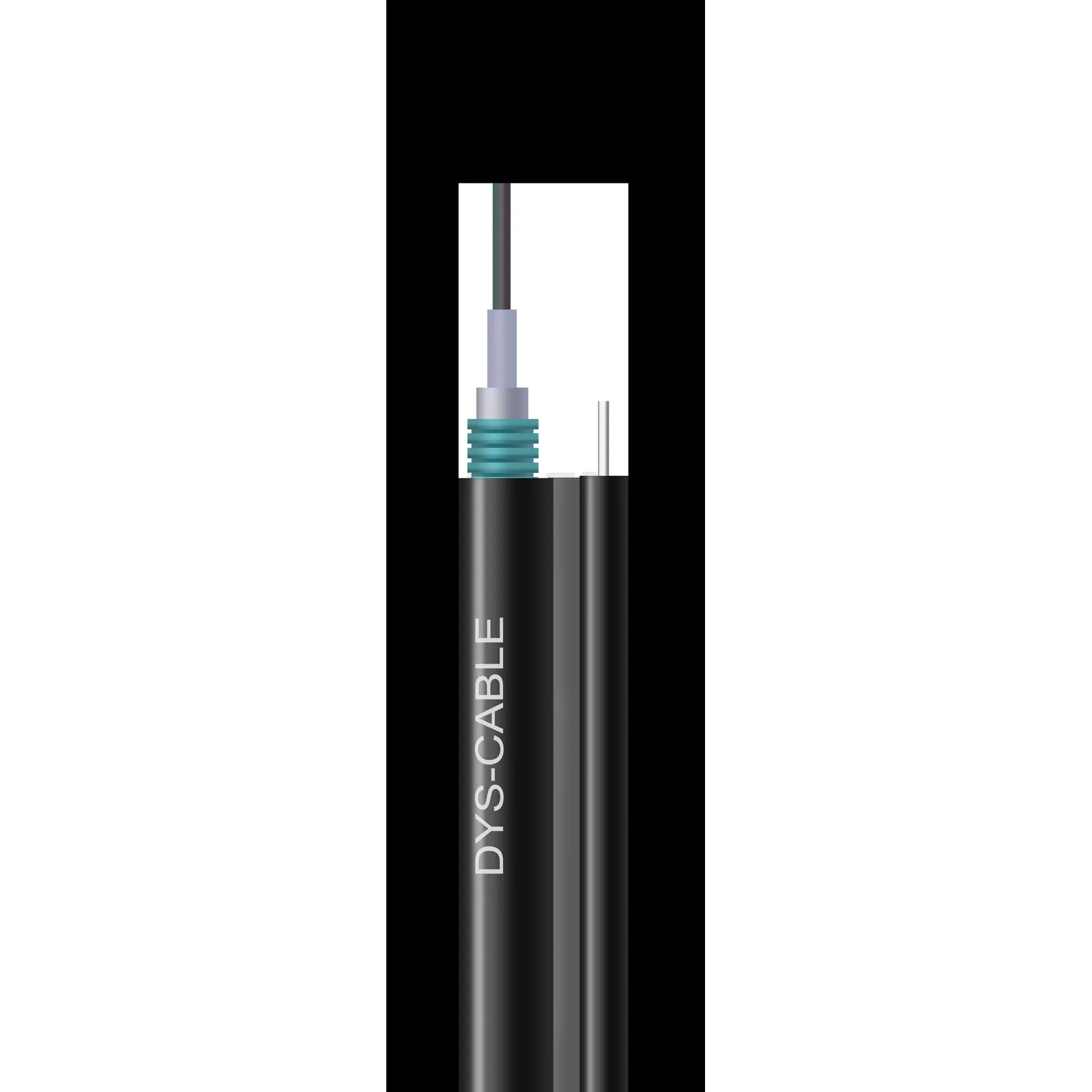 Central-tube figure-8 aerial cable with a stripped end showing the blue central tube, steel tape armor and the thinner steel messenger lobe