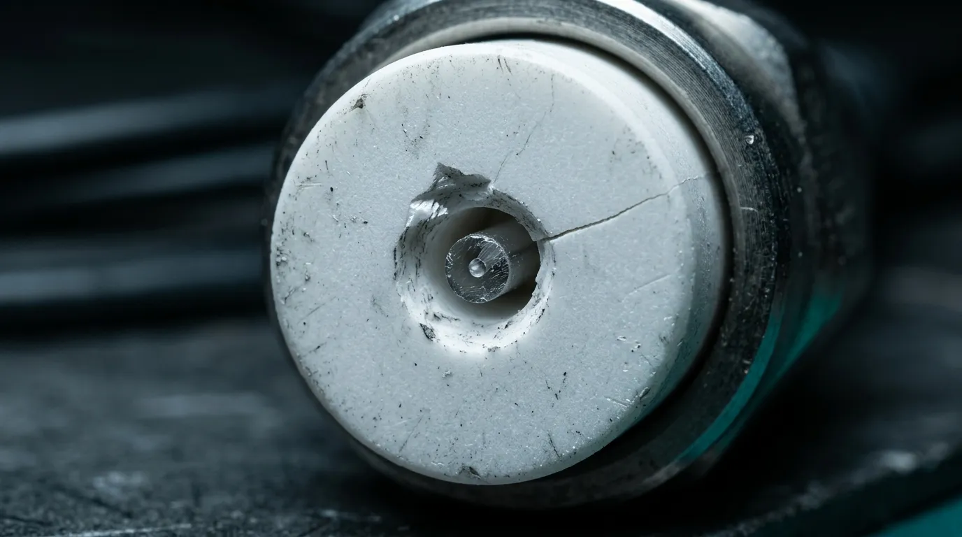 Extreme macro of a chipped white ceramic ferrule endface with a crack at the bore edge exposing the fiber