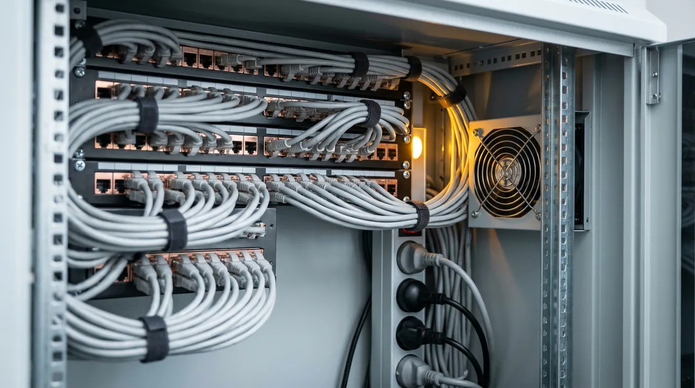 Rack-mounted network closet packed with copper patch panels, gray patch cords and a cooling fan