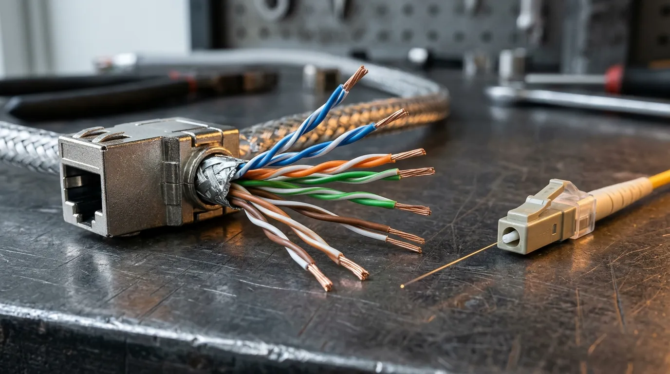 Copper Cat6A jack with its eight conductors in four twisted pairs fanned out beside an LC fiber connector holding one glass strand