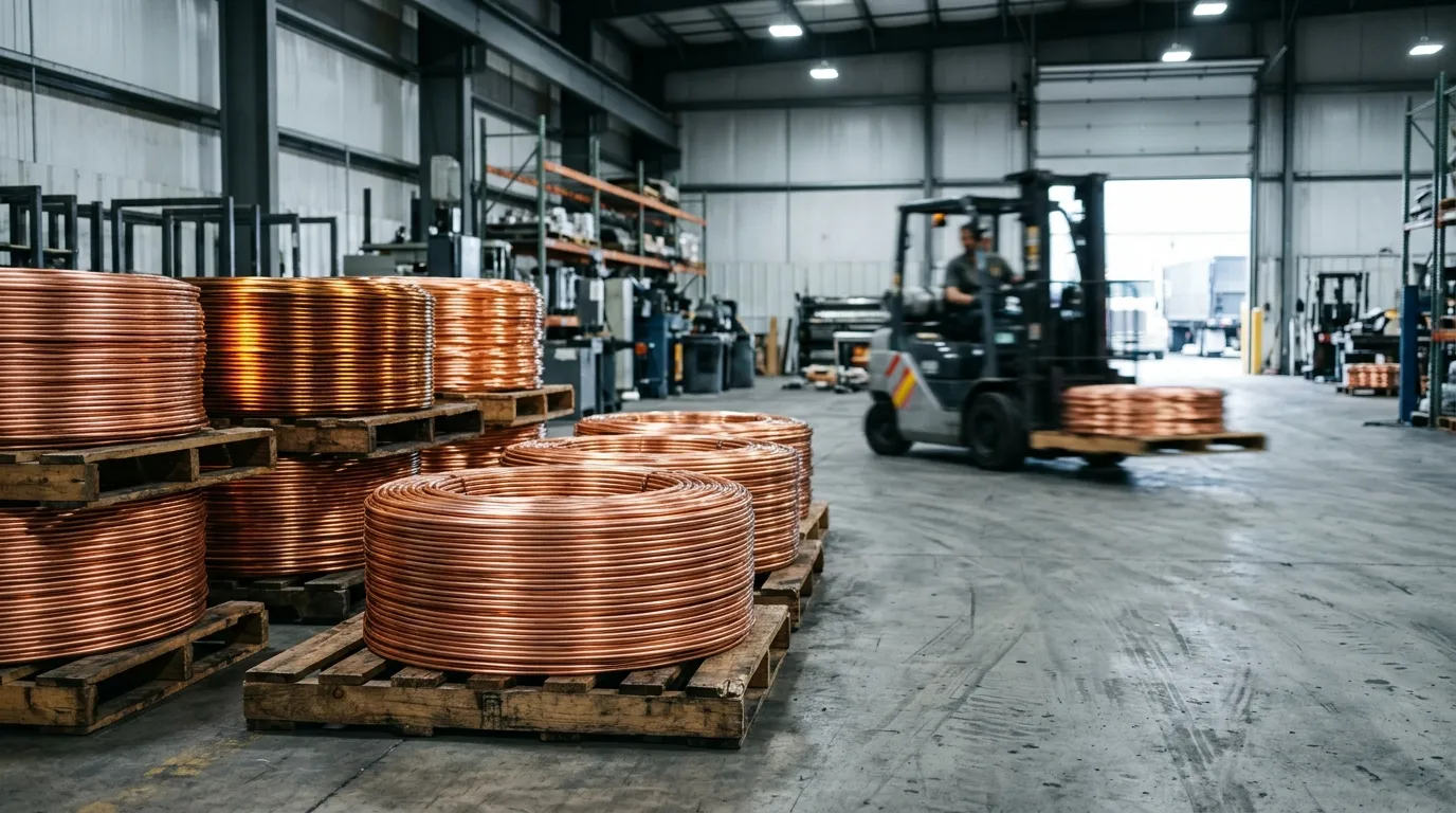 Coils of bright copper wire rod on pallets in a metals warehouse, the raw material behind every copper cable quote