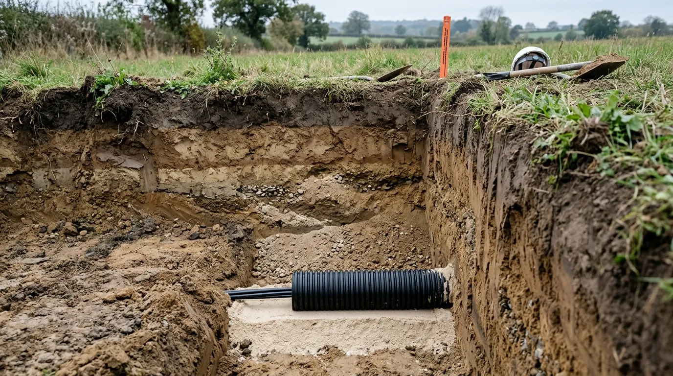 Open cable trench with a corrugated duct on sand bedding below the finished surface, showing that burial depth is the ground above the duct
