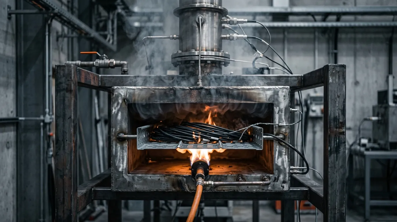 EN 50399-style cable tray fire test chamber with fiber optic cables in a controlled burn test, showing how Euroclass numbers are measured