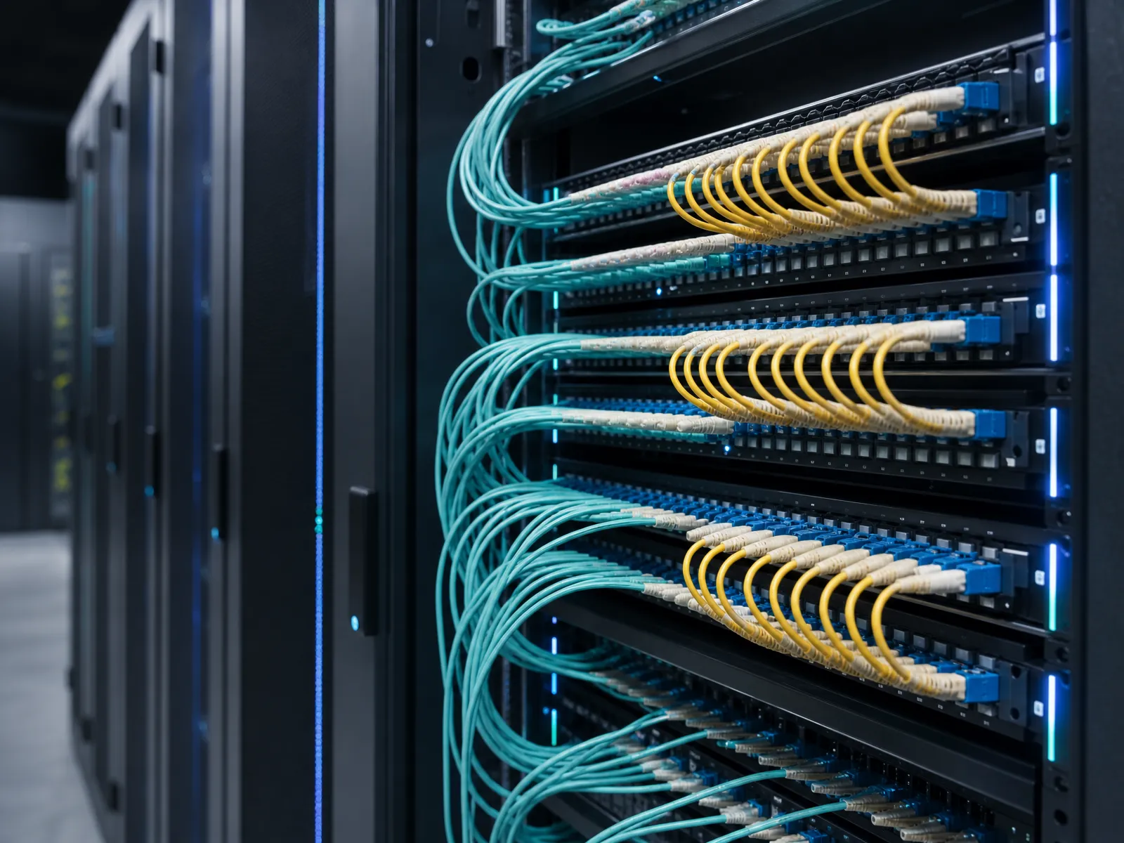 Aqua multimode and yellow single-mode LC patch cords side by side in a dense data center panel, the split between rack and spine