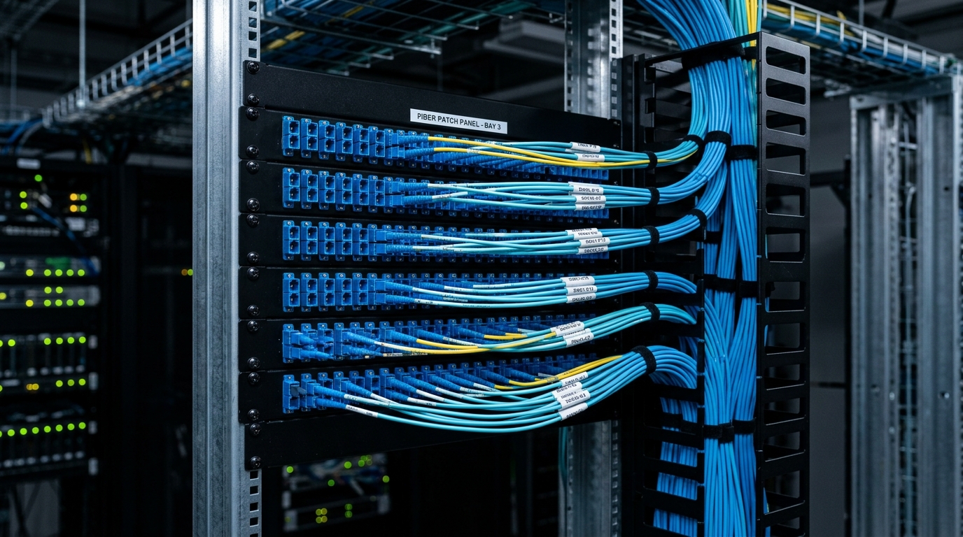 Data center fiber patch panel with blue LC/UPC connectors and neatly dressed patch cords in a high-density rack