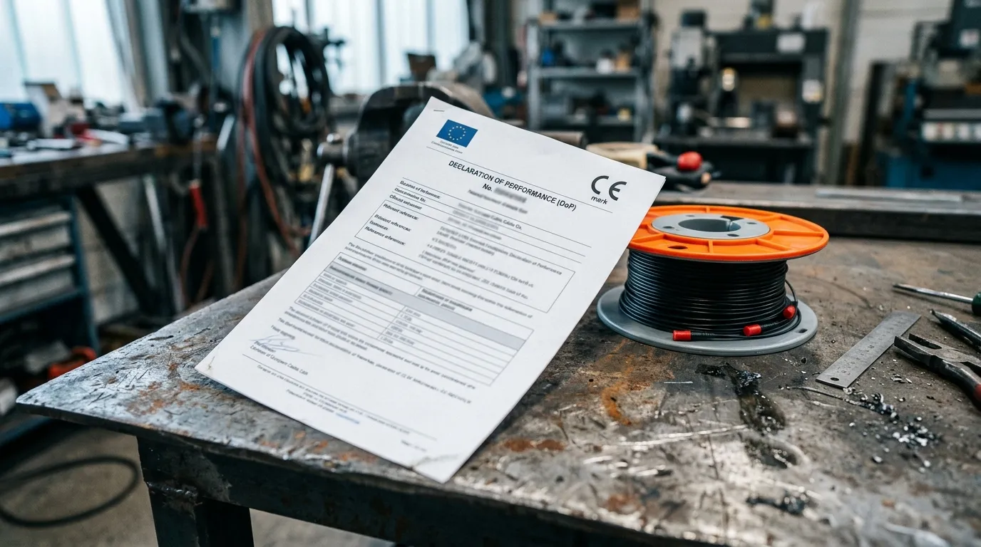Declaration of Performance document on a desk beside a fiber optic cable reel, the document that proves the declared CPR class