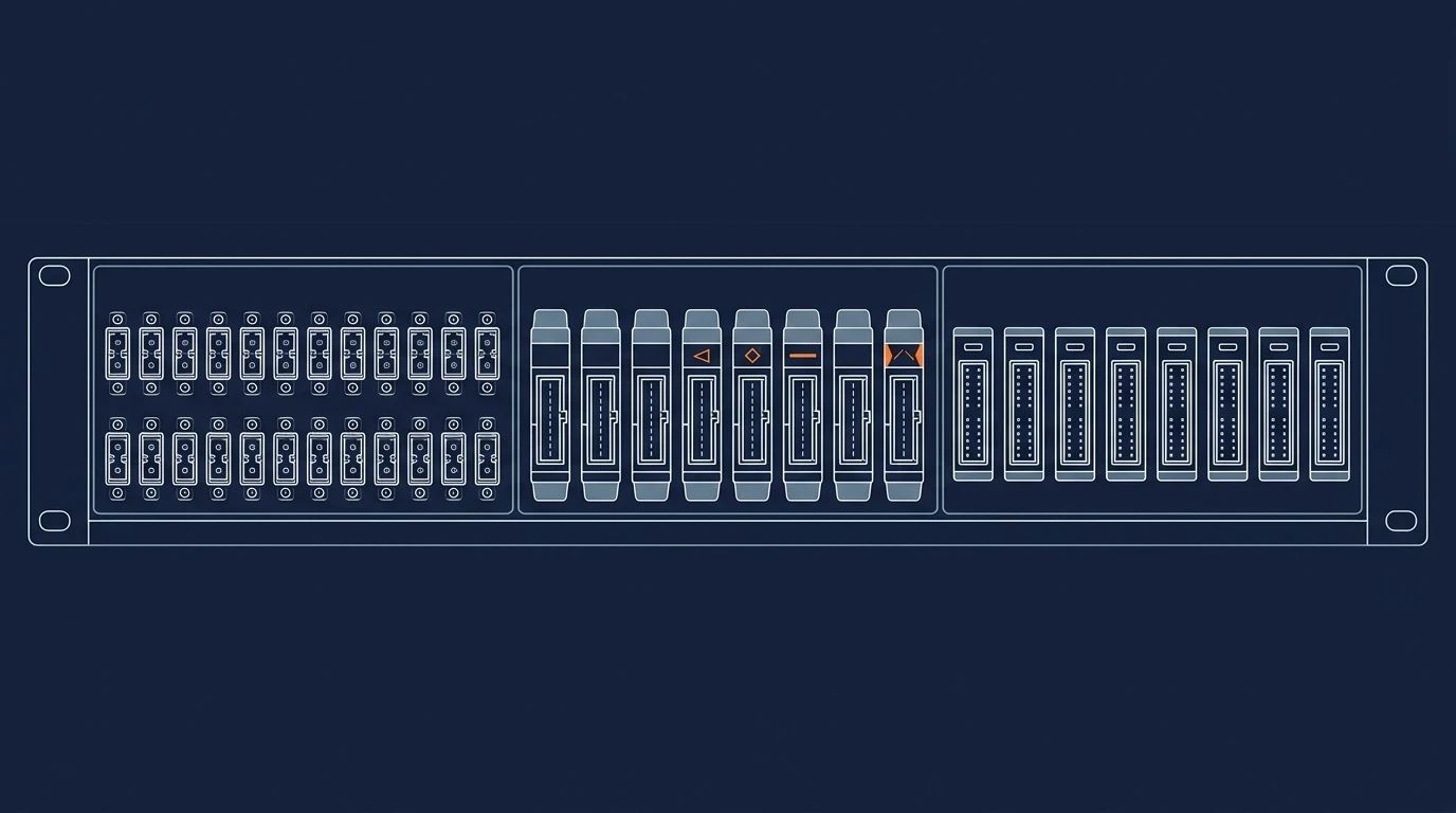 Side-by-side technical comparison of LC duplex, MPO-12, and MPO-16 fiber patch panel density in a 1U rack unit