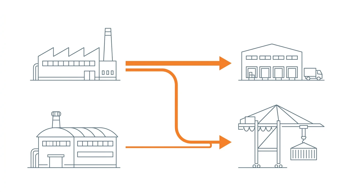 Dual-origin fiber cable sourcing flow diagram: a Chinese factory and a Vietnamese factory feeding separate shipping lanes to US and EU markets, with SKUs split between the two origins
