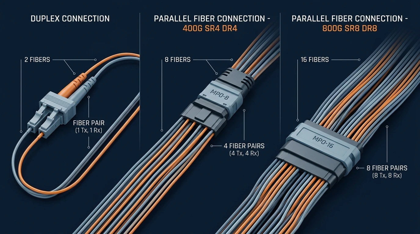 Duplex LC versus parallel MPO-8 and MPO-16 fiber cabling showing 2, 8, and 16 fiber counts for 400G and 800G links