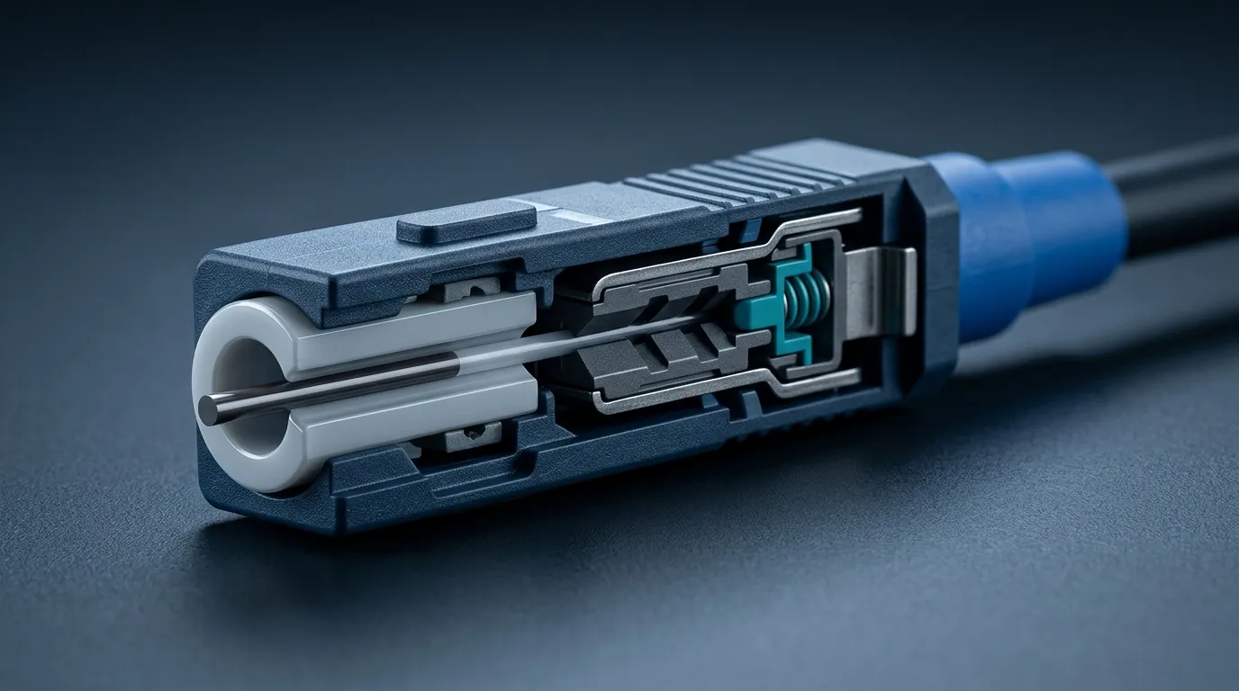 Cross-section of a fiber fast connector showing the pre-polished ferrule, embedded fiber stub, and mechanical splice cavity