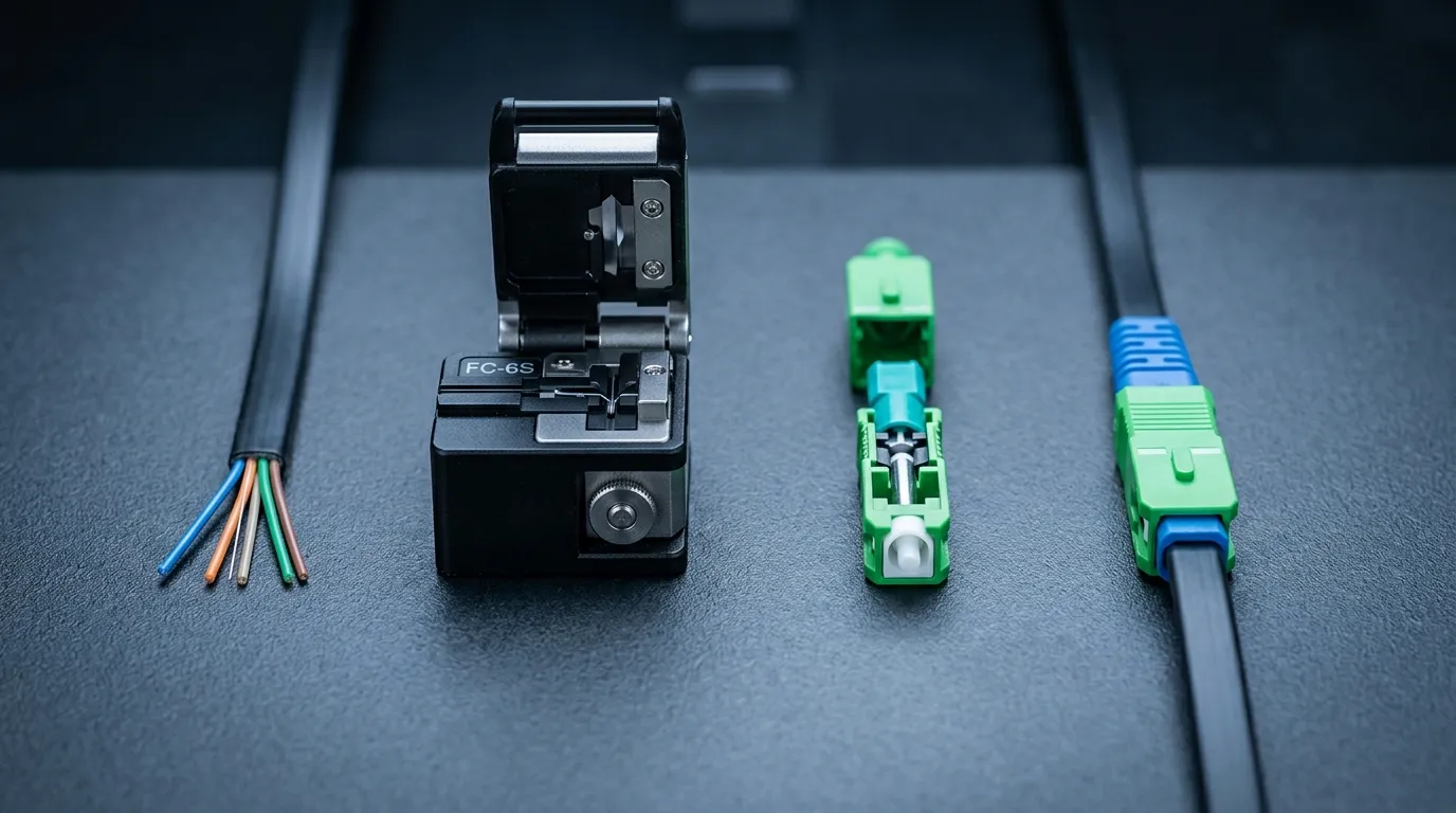Six-stage fiber fast connector installation: strip, cleave, open, insert, lock, and verify