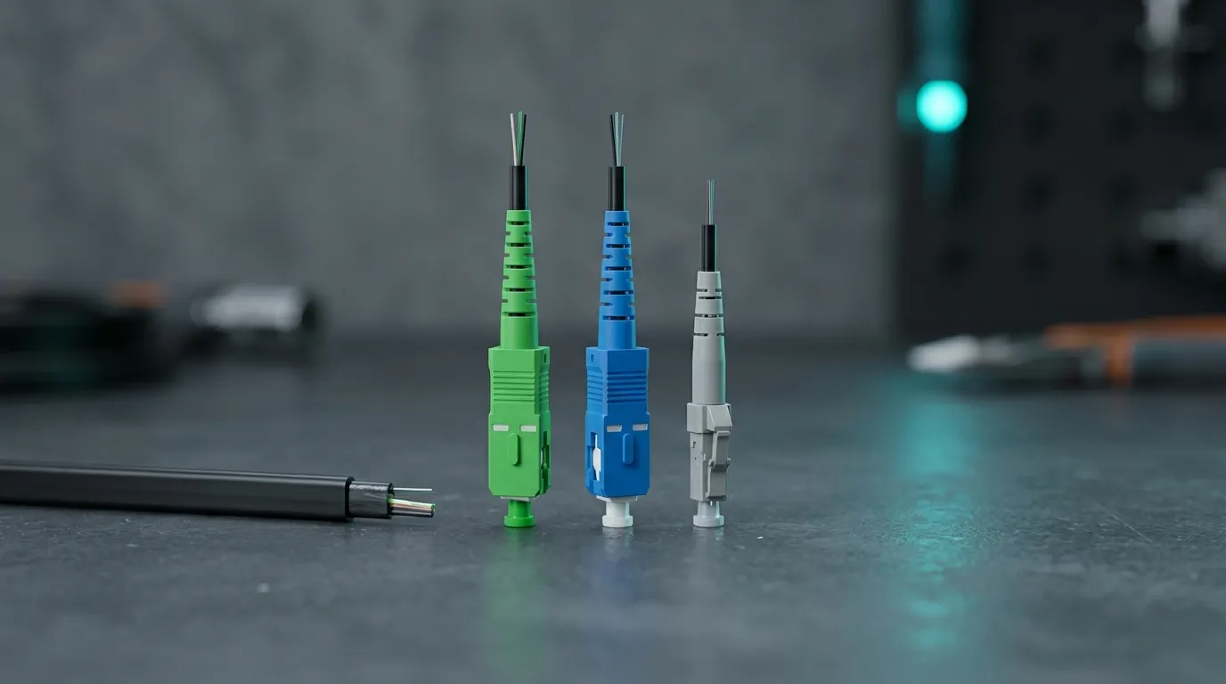 Fast connector selection matrix mapping SC and LC interfaces, UPC and APC polish grades, and drop cable diameters