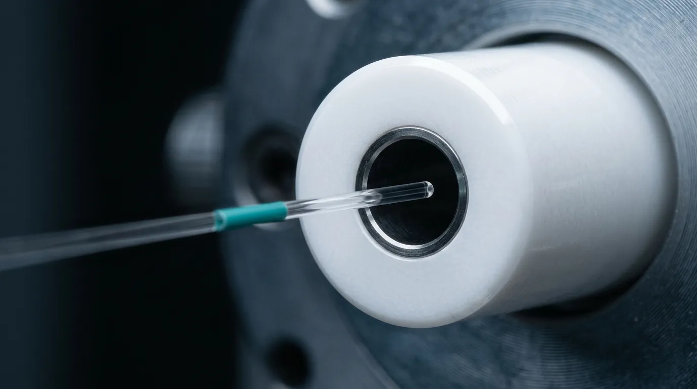Extreme macro of a bare optical fiber entering the sub-micron bore of a white zirconia ceramic connector ferrule