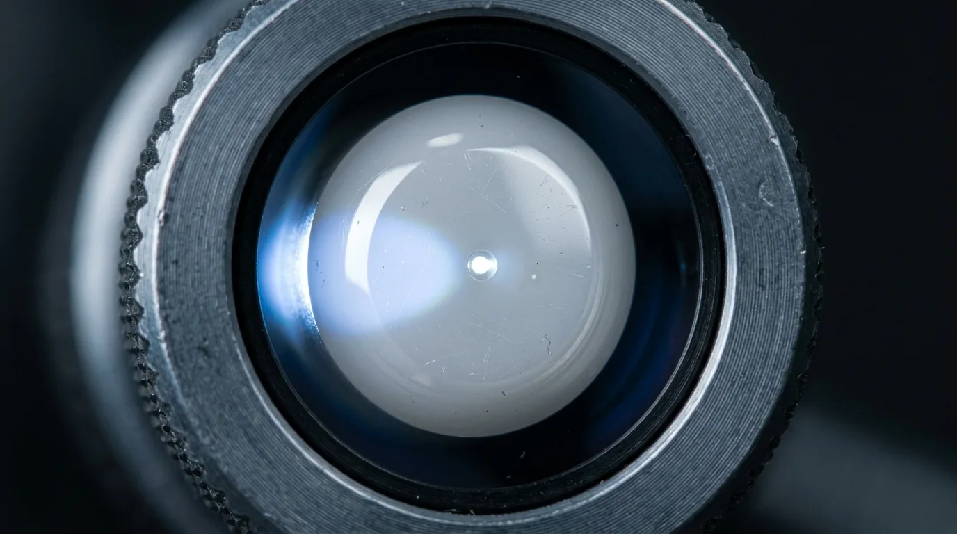 Close-up of a polished ferrule end face being examined under a fiber inspection scope before an assembly is released