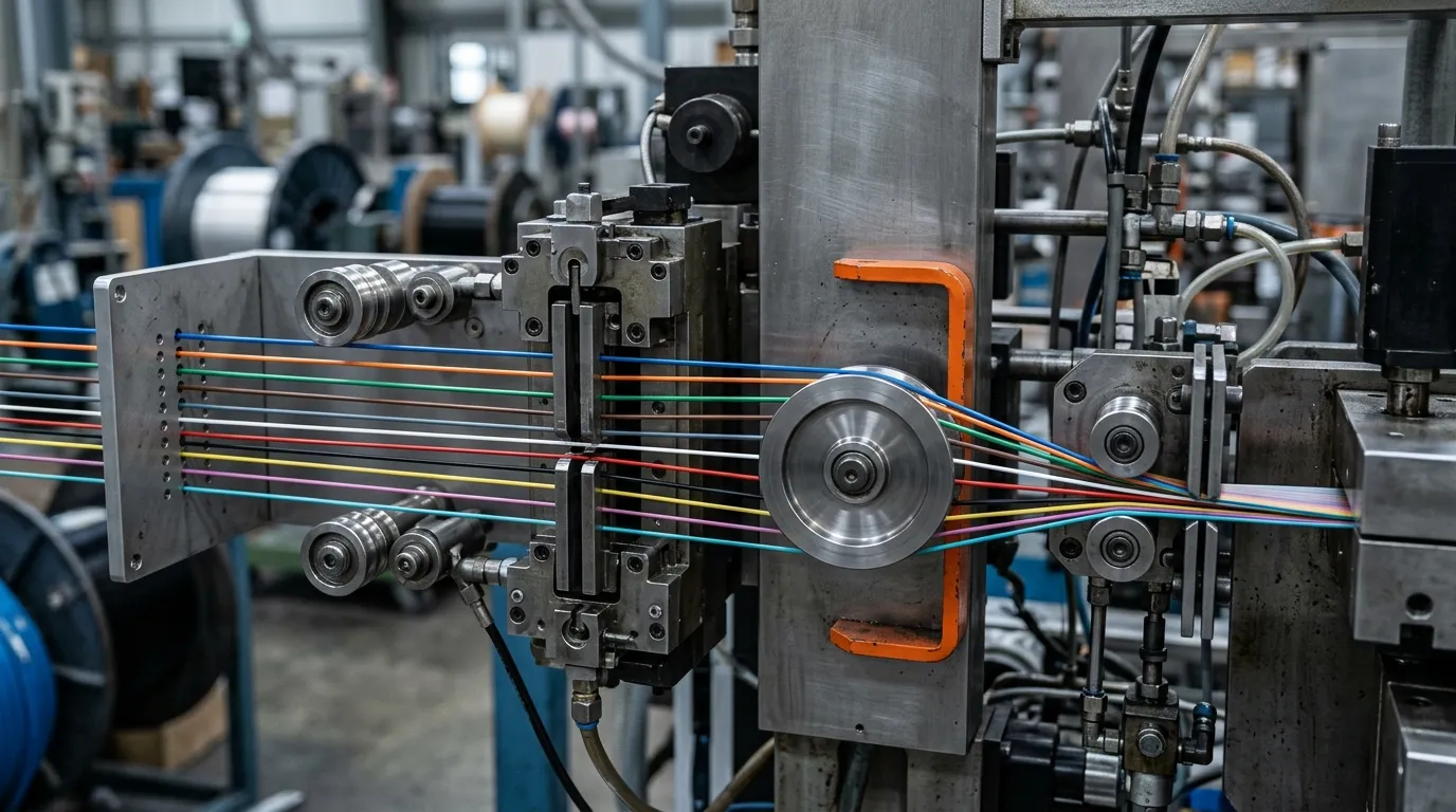 Fiber coloring line with twelve distinctly colored optical fibers running through an inline coloring machine into a ribbon.