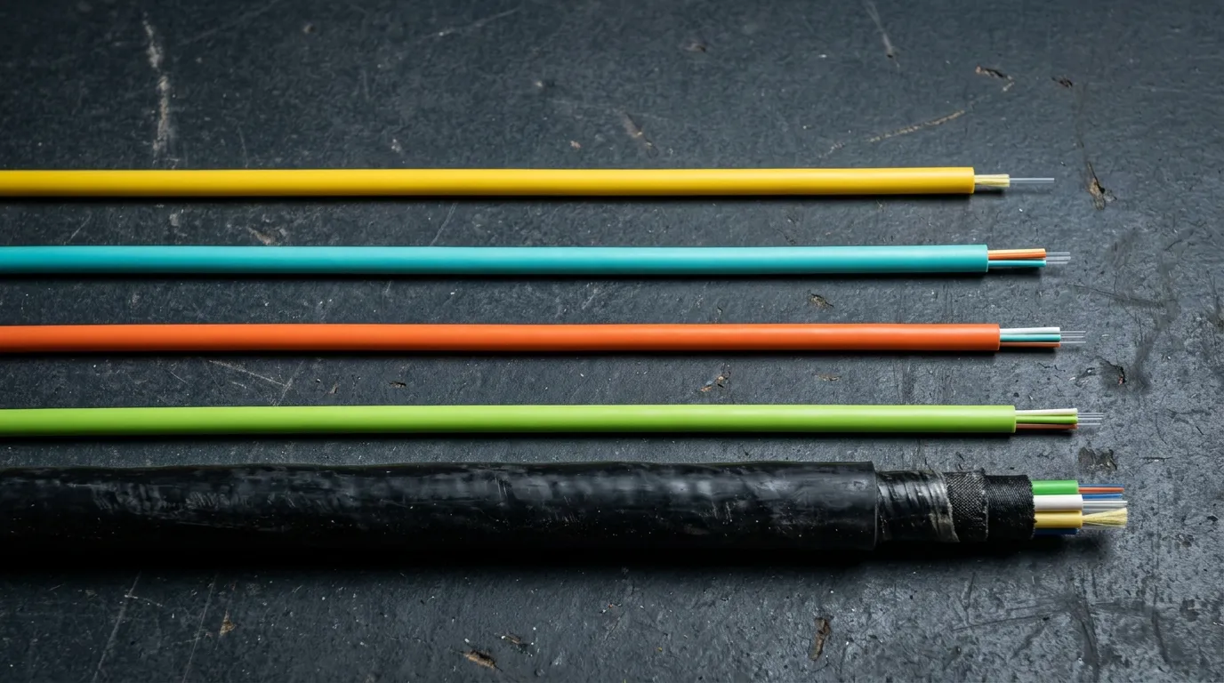 Fiber optic cable jackets in yellow, aqua, orange, lime green and black showing how color hints at fiber type