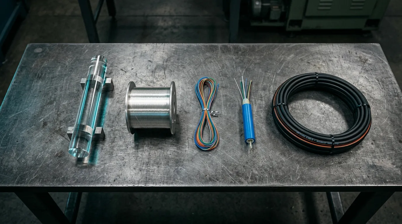 Fiber optic cable materials in process order: glass preform, bare fiber spool, colored fiber bundle, loose tube and finished cable coil.