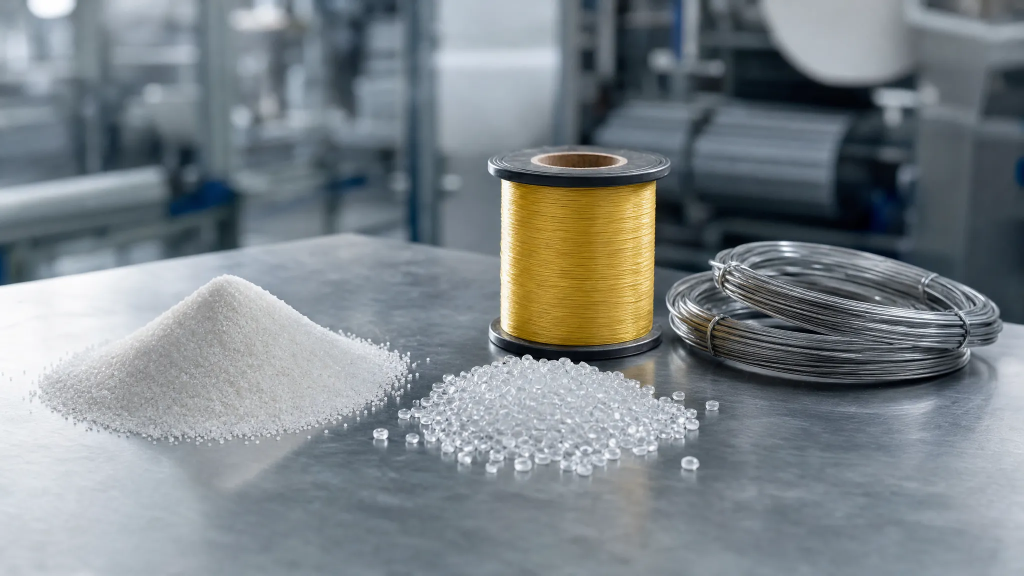 Raw materials for fiber optic cable manufacturing — high-purity silica sand, polymer pellets, aramid yarn, and steel wire on a factory workbench