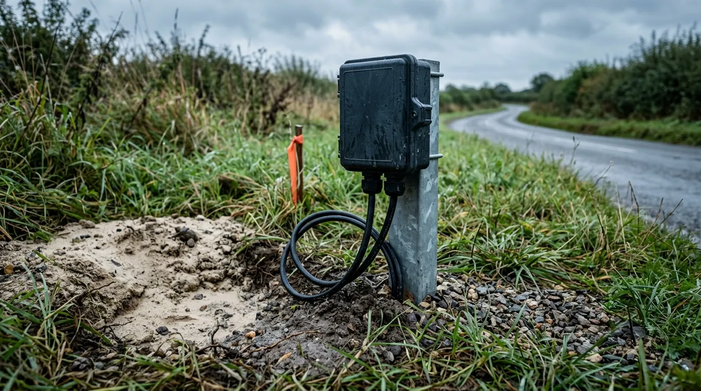 Weatherproof outdoor terminal box on a short pedestal beside a road, with buried drop cables rising out of the soil into its base