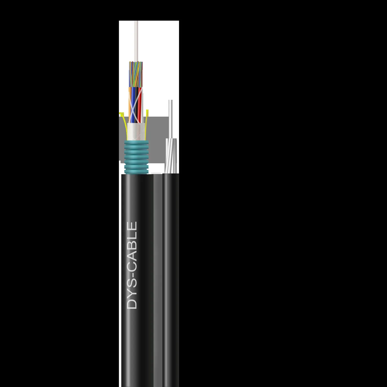 Stripped figure-8 aerial cable showing the optical lobe with colored fibers, loose tube and corrugated steel armor alongside the jacketed steel messenger wire molded into the same sheath