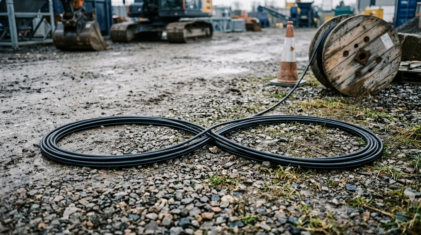 Fiber optic cable laid out in a figure-eight on the ground, the payoff pattern that cancels twist during a long pull