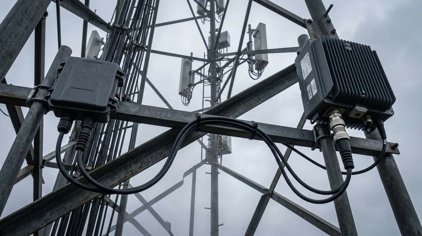 Waterproof FTTA fiber jumper with sealed outdoor connectors linking a distribution box to a remote radio unit on a steel cell tower