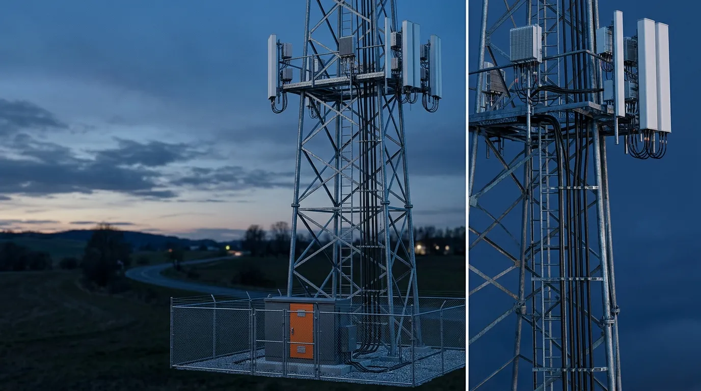 Photorealistic render of a 4G/5G cell tower with fiber riser cable running from the base station cabinet to remote radio units at the top