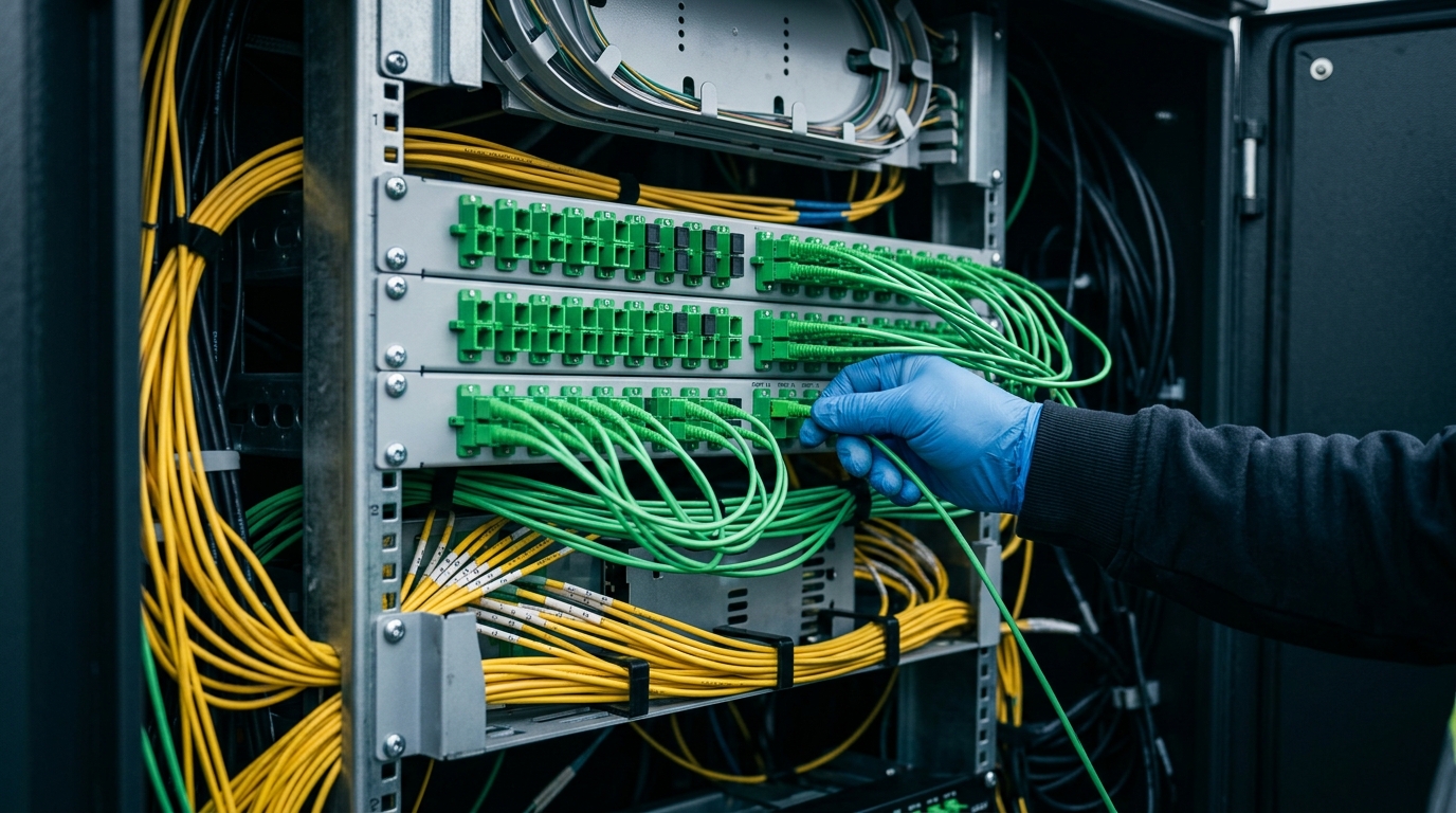 FTTH optical distribution frame with green SC/APC adapters and patch cords in a telecom outside plant cabinet