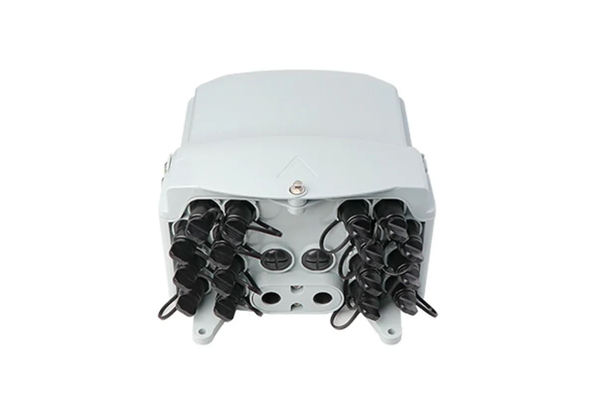 Outdoor fiber distribution hub box in sealed engineering plastic with drop-cable ports