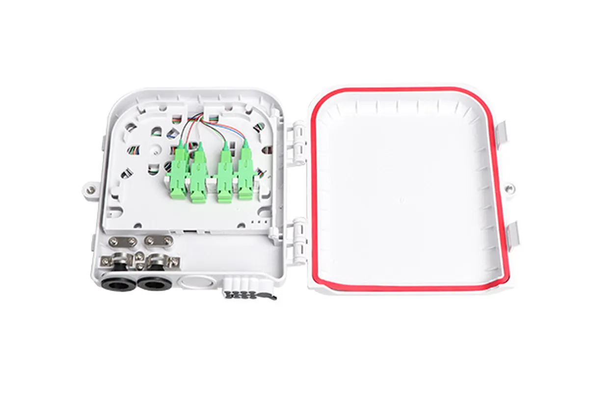 Wall-mounted FTTH terminal box with SC adapter ports and an incoming drop cable