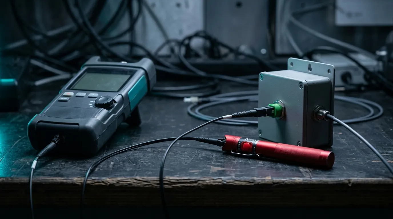 Technician verifying a field-terminated drop with a visual fault locator and an optical power meter