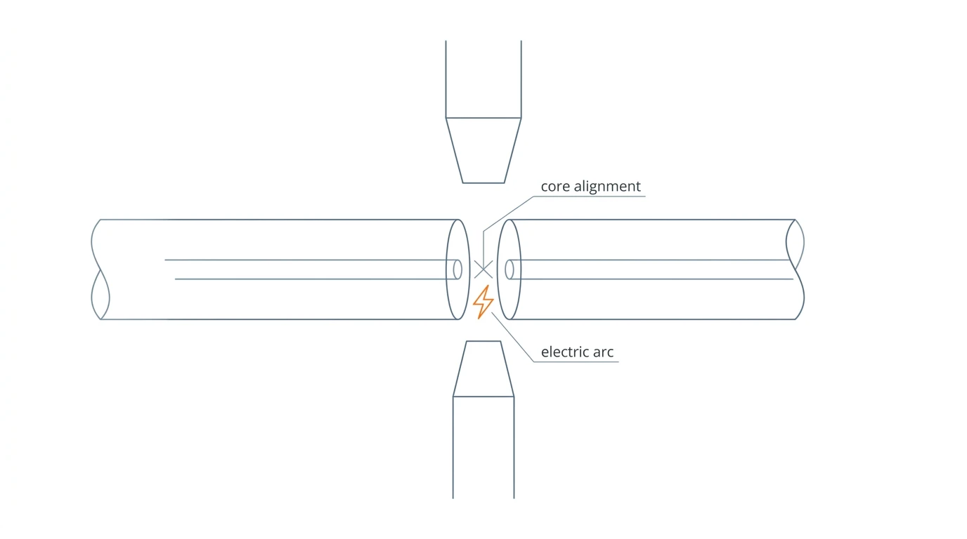 Cross-section schematic of two single-mode fiber cores fused by an electric arc in a fusion splicer, showing core alignment before the weld