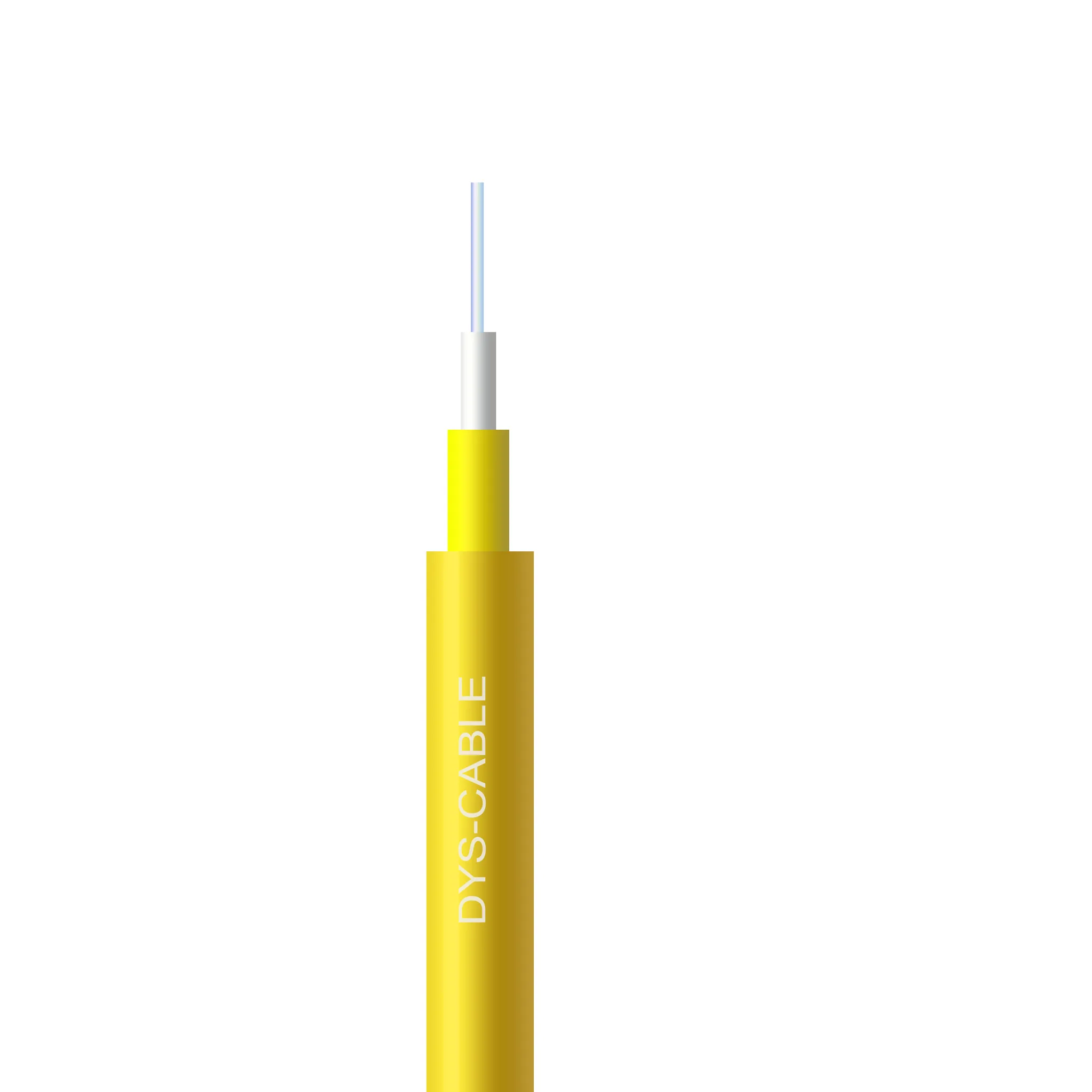 Yellow simplex indoor fiber cable with tight buffer and aramid yarn, the tight-buffer construction used for patch cords and drop entries