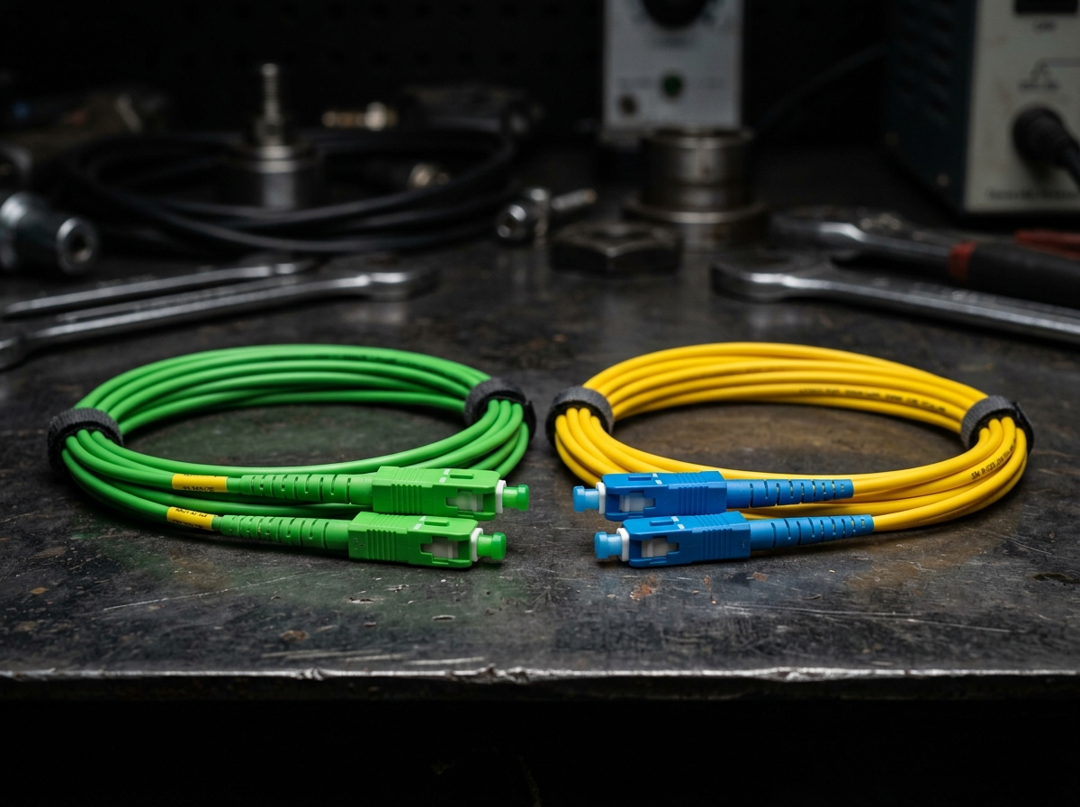 Green SC/APC and blue SC/UPC fiber optic patch cords side by side showing the industry color coding for connector polish grades