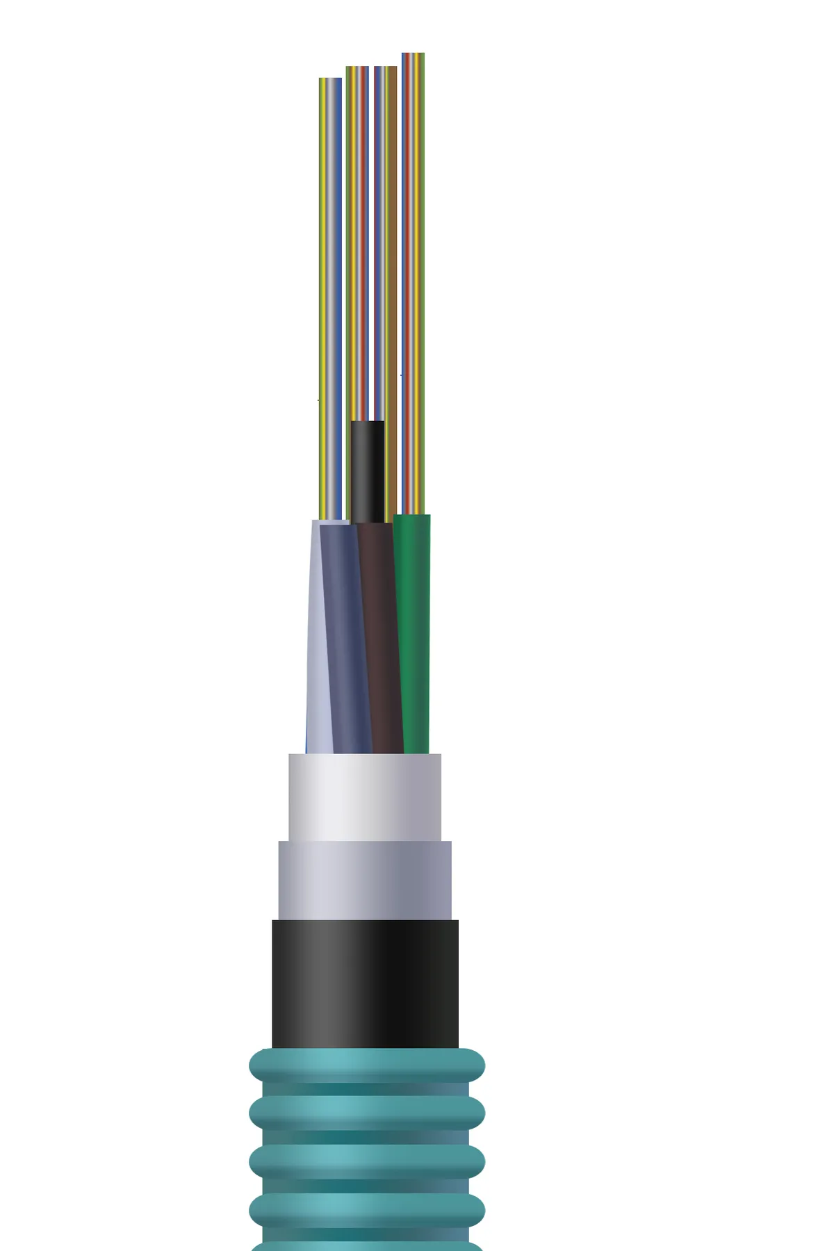 Cutaway of a GYTA53 outdoor fiber optic cable showing optical fibers, loose tubes, water-blocking layers, armor and outer jacket