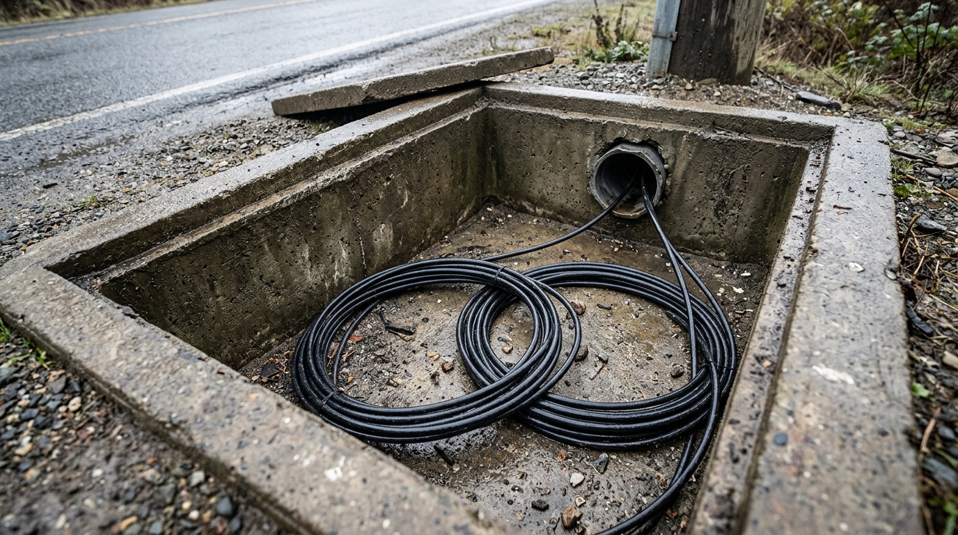 Fiber optic cable slack coiled inside an open handhole with the loop diameter far larger than the cable itself