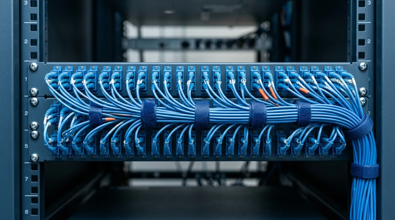 Data center fiber patch panel densely populated with blue duplex LC adapters and patch cords