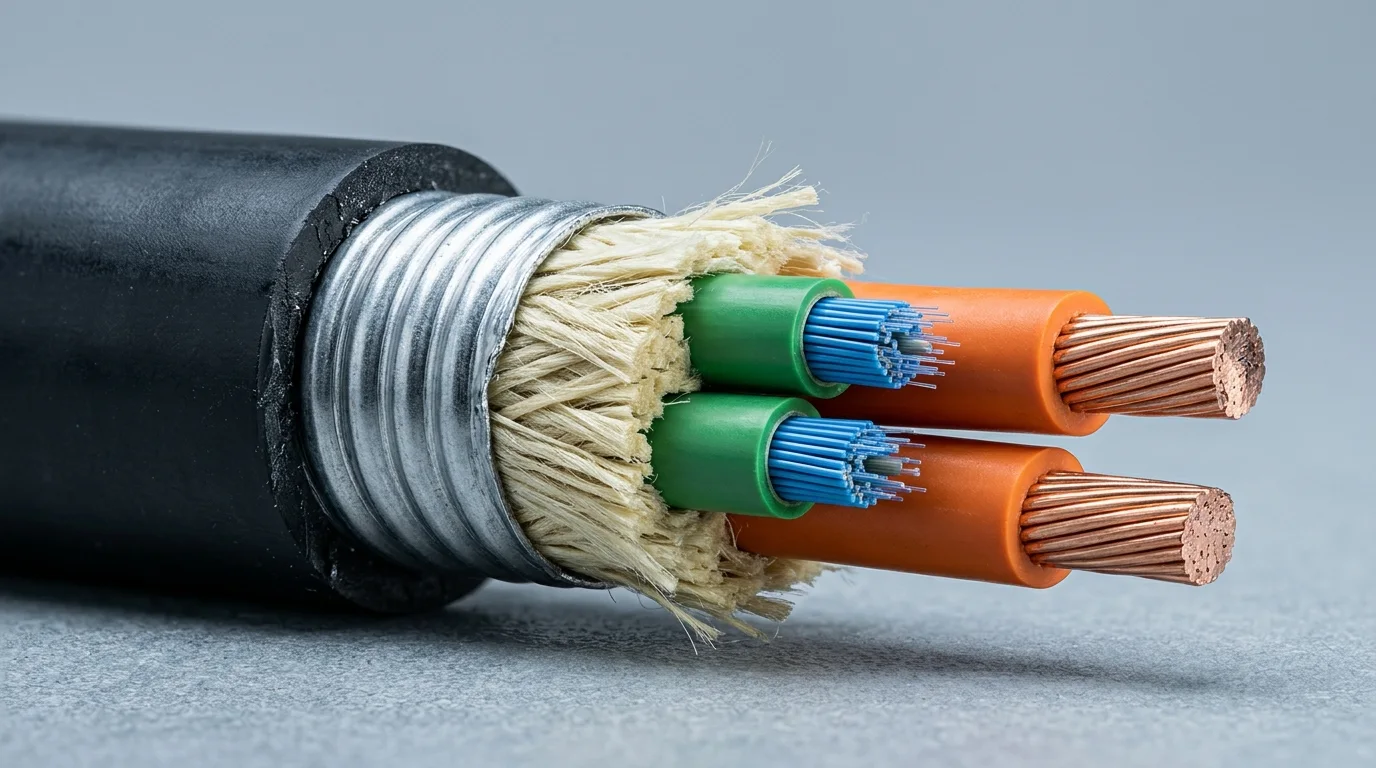Cutaway of a hybrid fiber power cable with black jacket, corrugated armor, aramid yarn, green fiber subunits and orange copper conductors